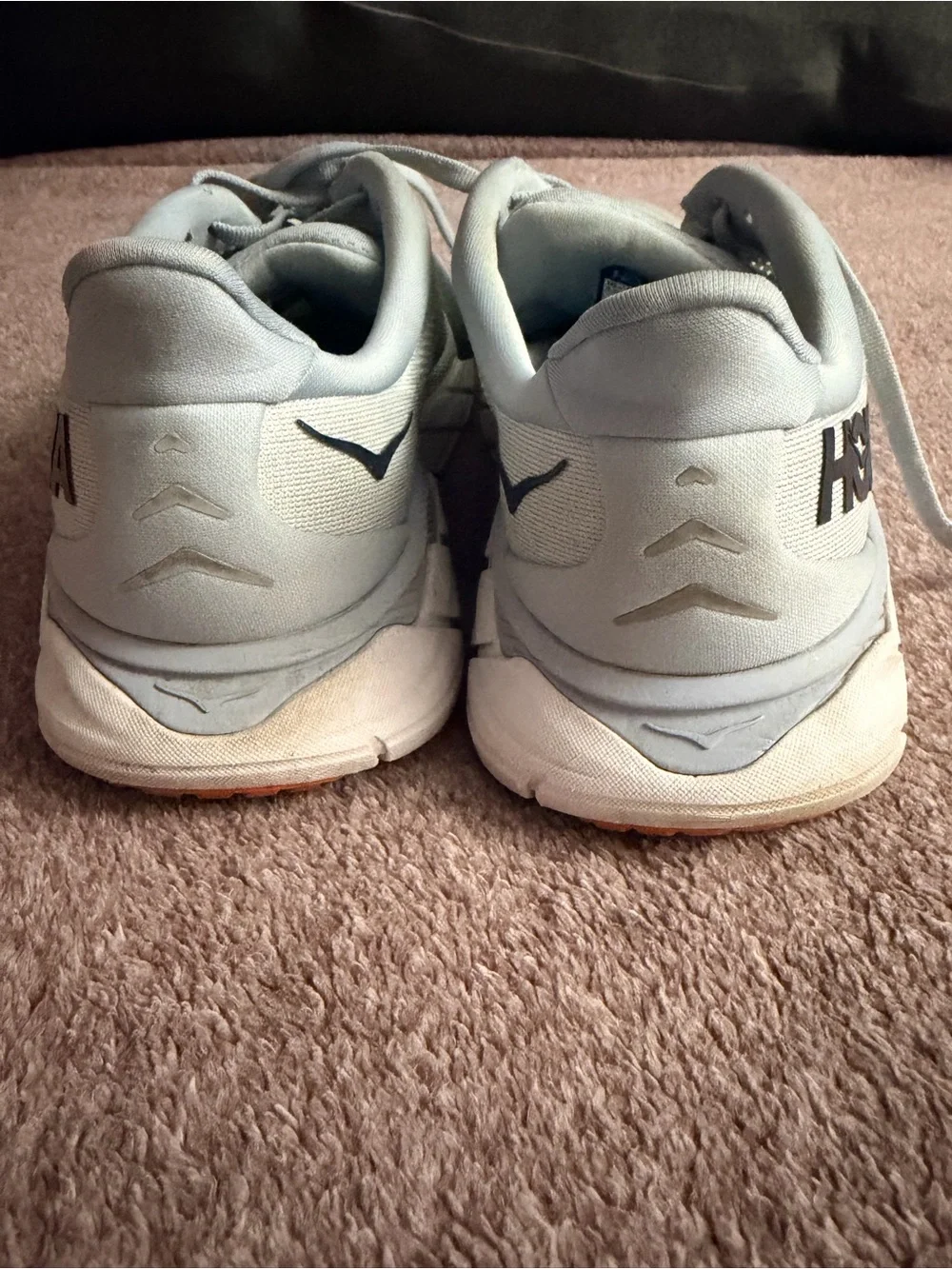Hoka light gray and yellow running shoes